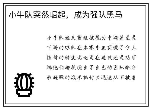 小牛队突然崛起，成为强队黑马